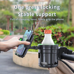 HoneTeek stroller cup holder with phone mount provides quick, easy access.