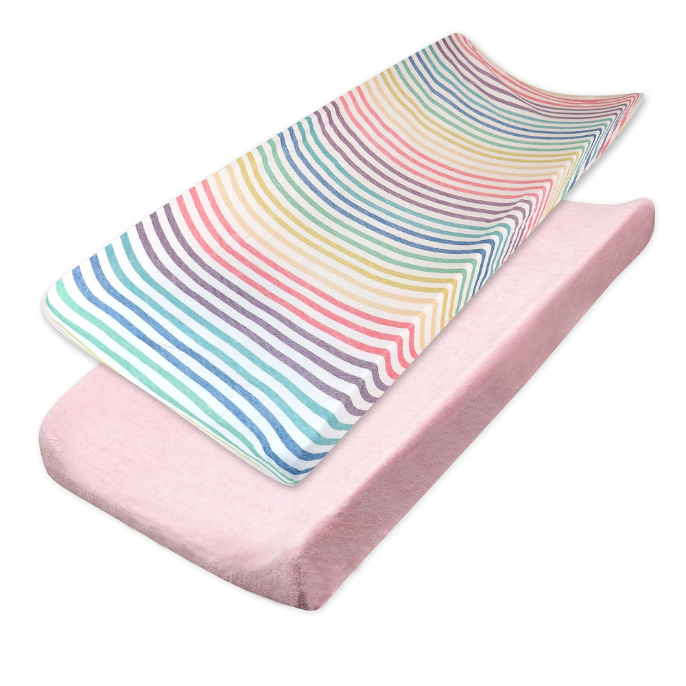 HonestBaby changing pad cover rainbow stripe knit terry—ultra-soft for comfy diaper changes.