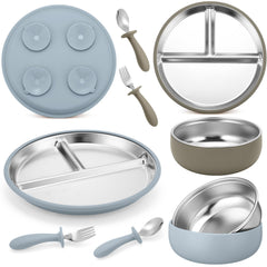 Honeydak blue suction-divided plates stabilizing mealtime on a high chair.