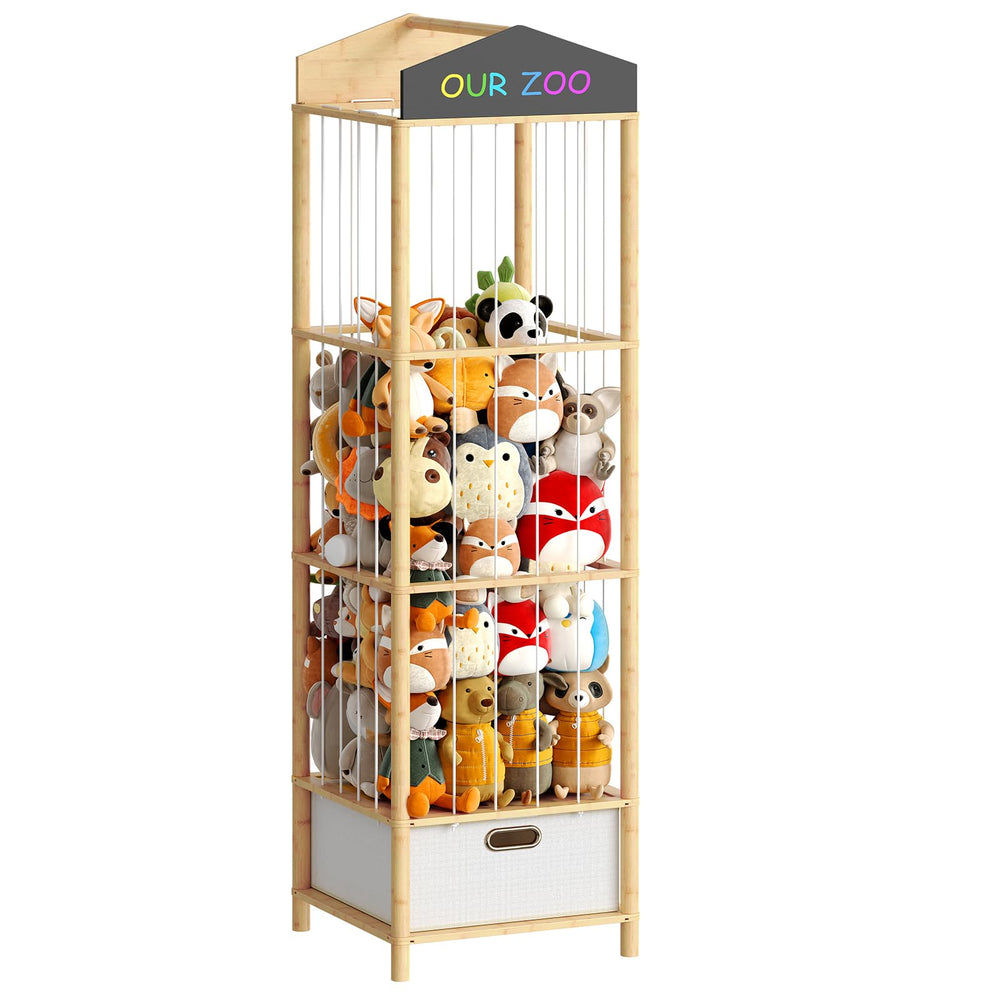 HOOBRO stuffed animal storage with bamboo holder and chalkboard for easy toy access.
