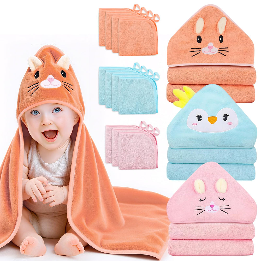 Hooded baby towel with rabbit keeps baby warm after bath.