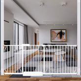 HOOOEN extra-wide gate closed at doorway for safe passage and monitoring.