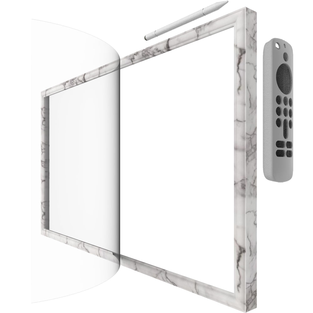 Hookmemo white marble frame for Echo Show 21 front view with magnets for neat placement.
