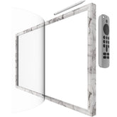 Hookmemo white marble frame for Echo Show 21 front view with magnets for neat placement.