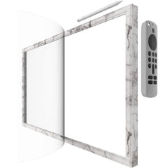 Hookmemo white marble frame for Echo Show 21 front view with magnets for neat placement.