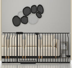 HOOOEN extra wide baby gate mounted on stairs showing effortless pass-through.