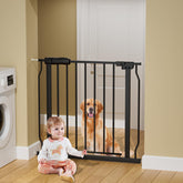 HOOOEN narrow baby gate with width-adjustable extensions for 29–34 inch openings.