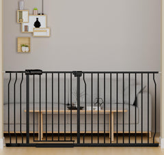 HOOOEN walk-through gate extended width demonstrates adjustable fit for wide openings and easy hallway access.