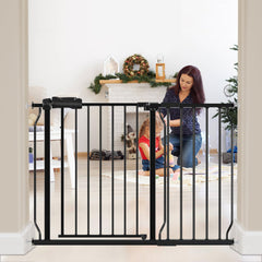 HOOOEN wide baby gate for stairs shows quick, tool-free setup and doorway safety.