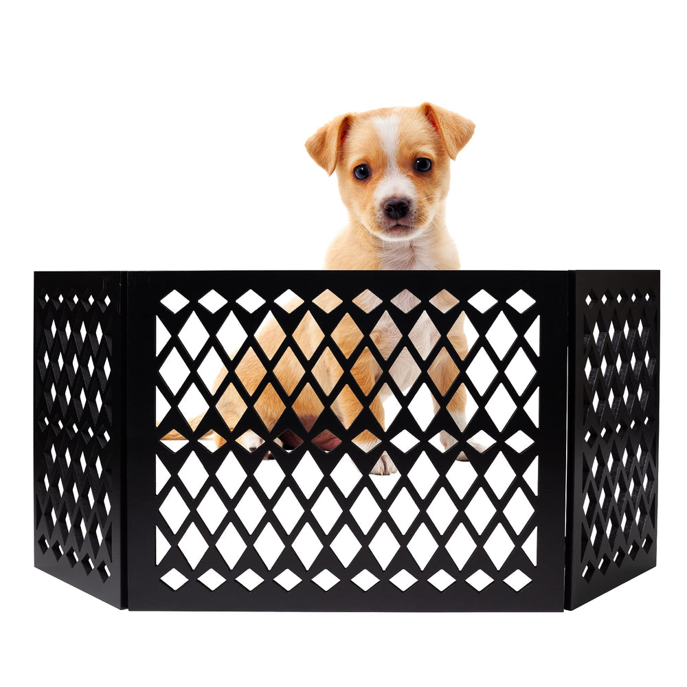 Hoovy free-standing pet gate in full-open position provides a wide span for doorway containment.