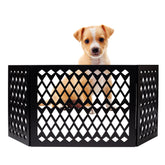Hoovy free-standing pet gate in full-open position provides a wide span for doorway containment.