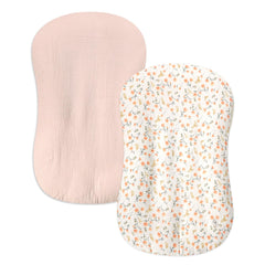 Hooyax Baby Lounger Cover pink floral closeup shows soft breathable muslin for delicate skin