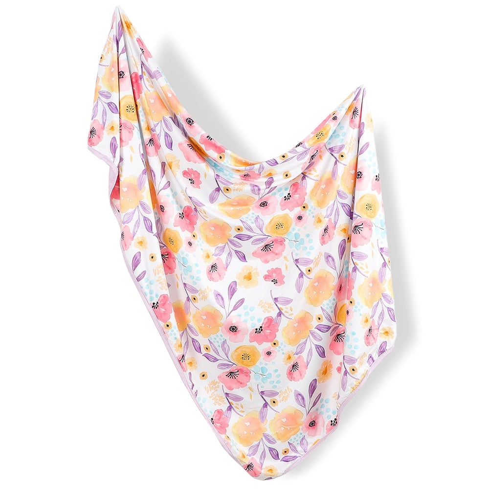 Hooyax baby swaddle blanket purple flower front view — soft, breathable knit for cozy swaddling.