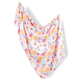 Hooyax baby swaddle blanket purple flower front view — soft, breathable knit for cozy swaddling.