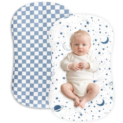 Hooyax muslin baby lounger cover in blue checker-star offers breathable comfort for newborn naps.