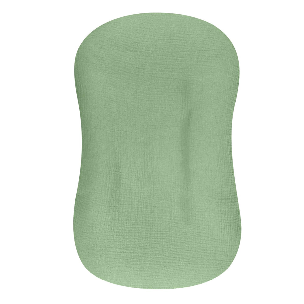 Hooyax muslin baby lounger cover in green, front view showing breathable soft fabric.