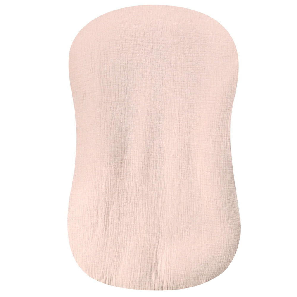 Hooyax Muslin Baby Lounger Cover light pink, front view, breathable comfort for delicate newborn skin.