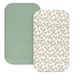 Hooyax muslin bassinet sheets packaging with green leaf design, ideal for gifting.