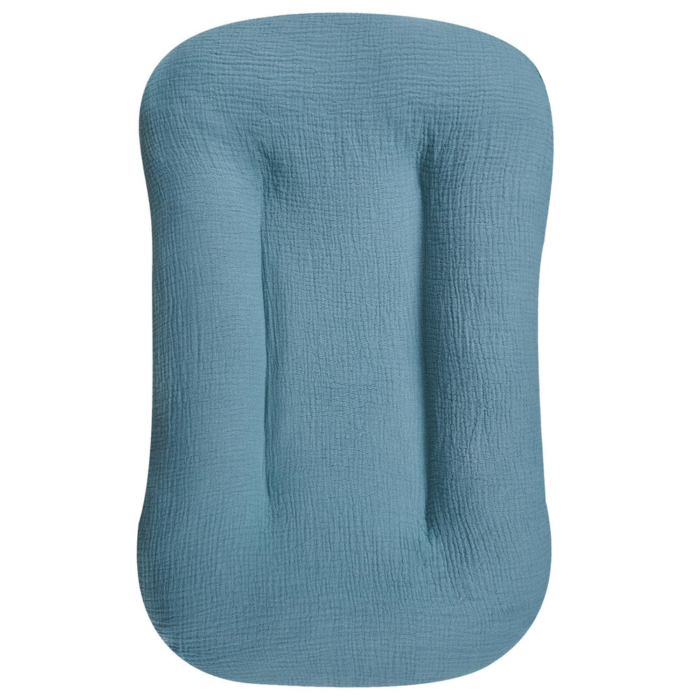 Hooyax Muslin Lounger Cover in blue with soft, breathable fabric for baby comfort.