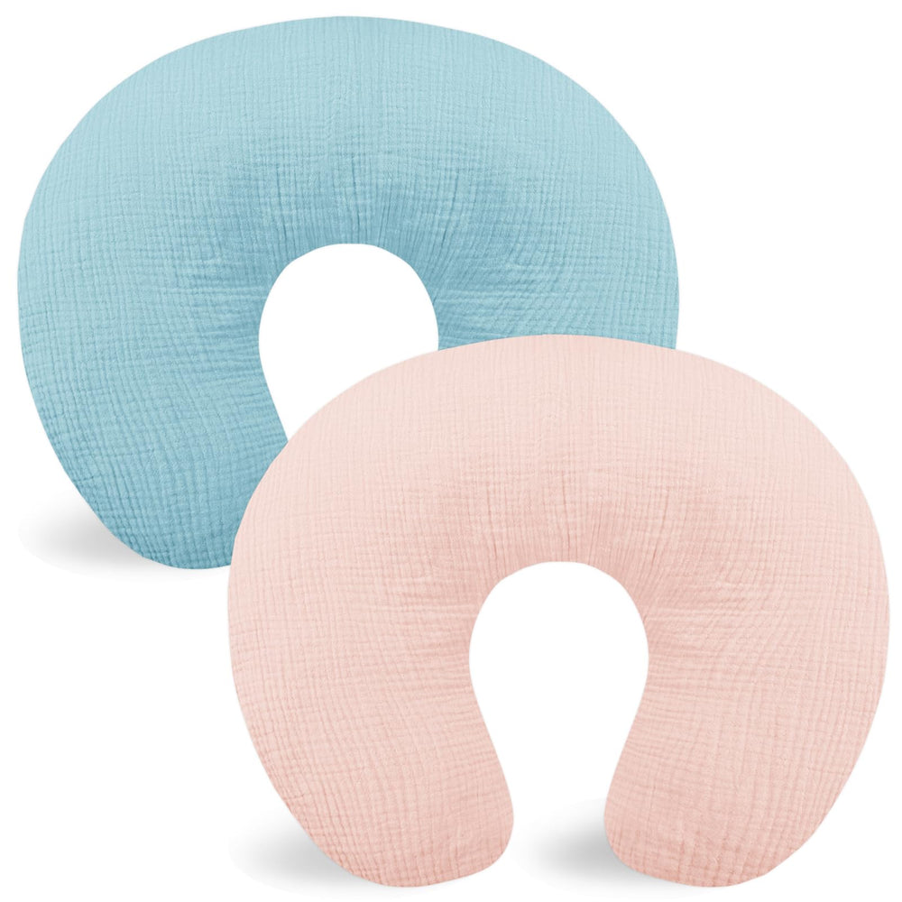Hooyax muslin nursing pillow cover in blue shows soft, breathable fabric for baby comfort.