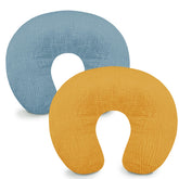 Hooyax Muslin Nursing Pillow Cover blue ginger front view shows soft breathable fabric for comfortable feeds