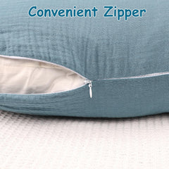 Hooyax muslin nursing pillow cover blue-grey zipper-detail highlights invisible zipper for quick changes.