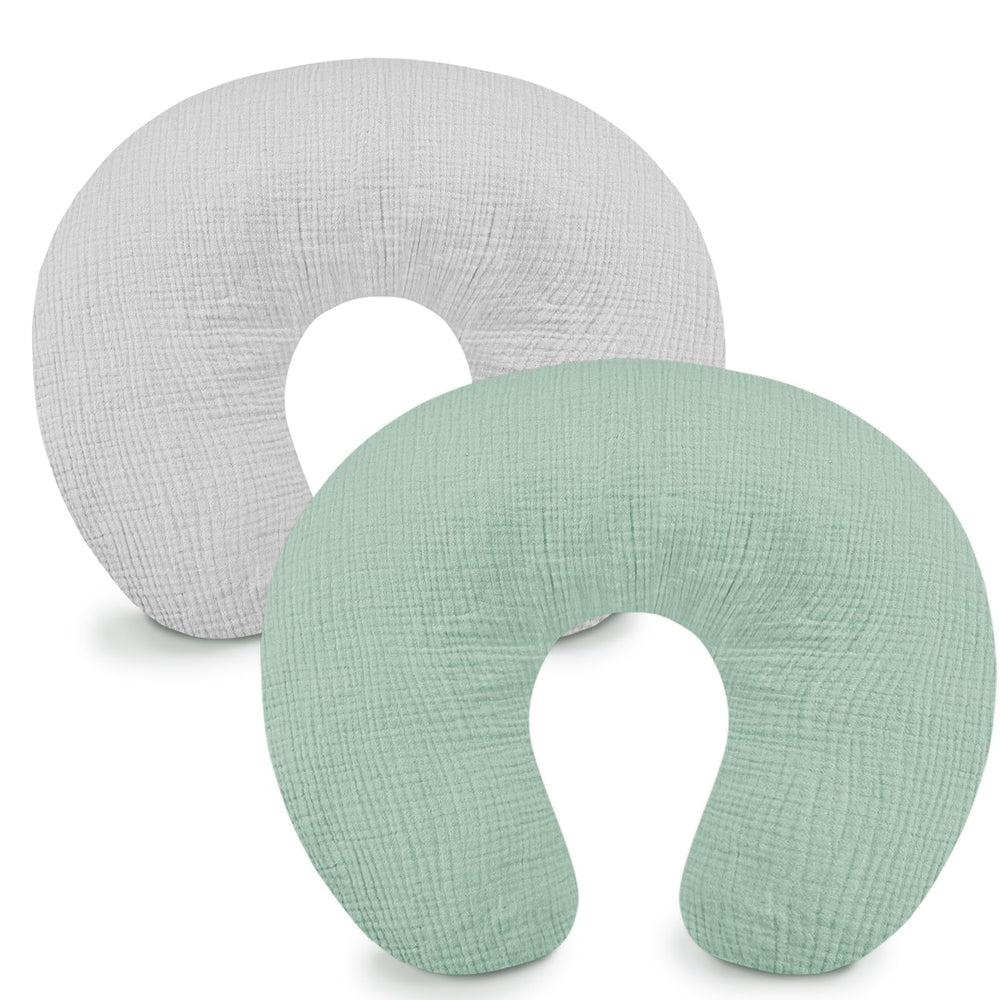 Hooyax muslin nursing pillow cover green-gray pack, ultra-soft fabric for gentle baby comfort.