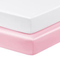 Horbaunal satin pack n play sheets pink-white folded, showing soft finish for baby.