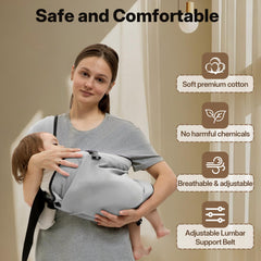 HORUMP grey carrier transformed into a sleep sling for baby breaks.