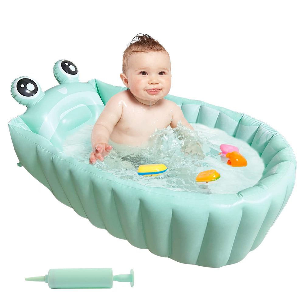HotMax inflatable baby bathtub green inflating for quick on-the-go baths.