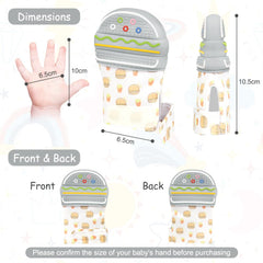 HOTUT teething mitten hamburger closeup highlights safe silicone and easy cleanup benefits.