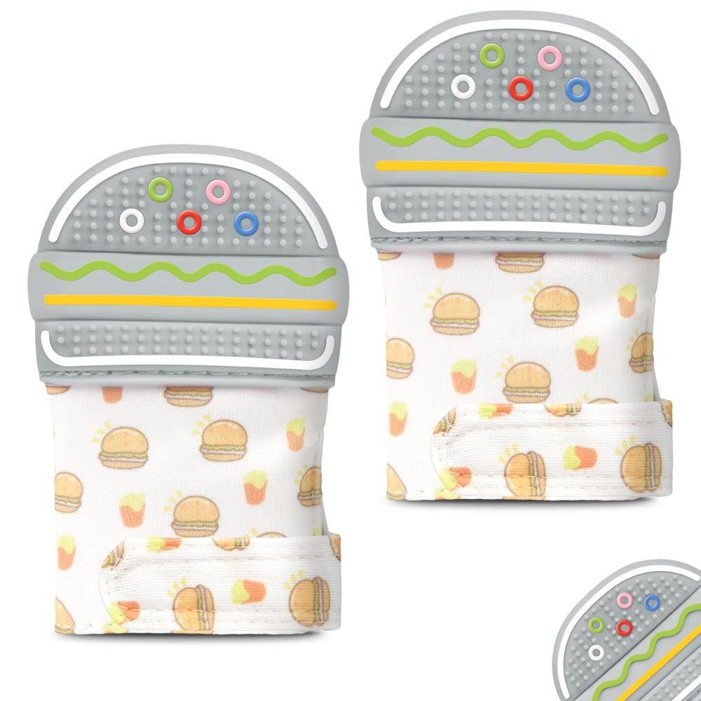 HOTUT teething mitten hamburger side view soothes gums with soft textured bumps.
