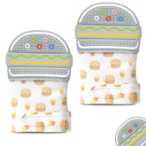HOTUT teething mitten hamburger side view soothes gums with soft textured bumps.