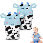Hotut teething mittens cow image shows soothing textures for tender gums and chewing relief