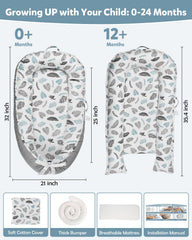 HOVIKOKI Baby Lounger highlights cotton filling around edges for cushioned support.