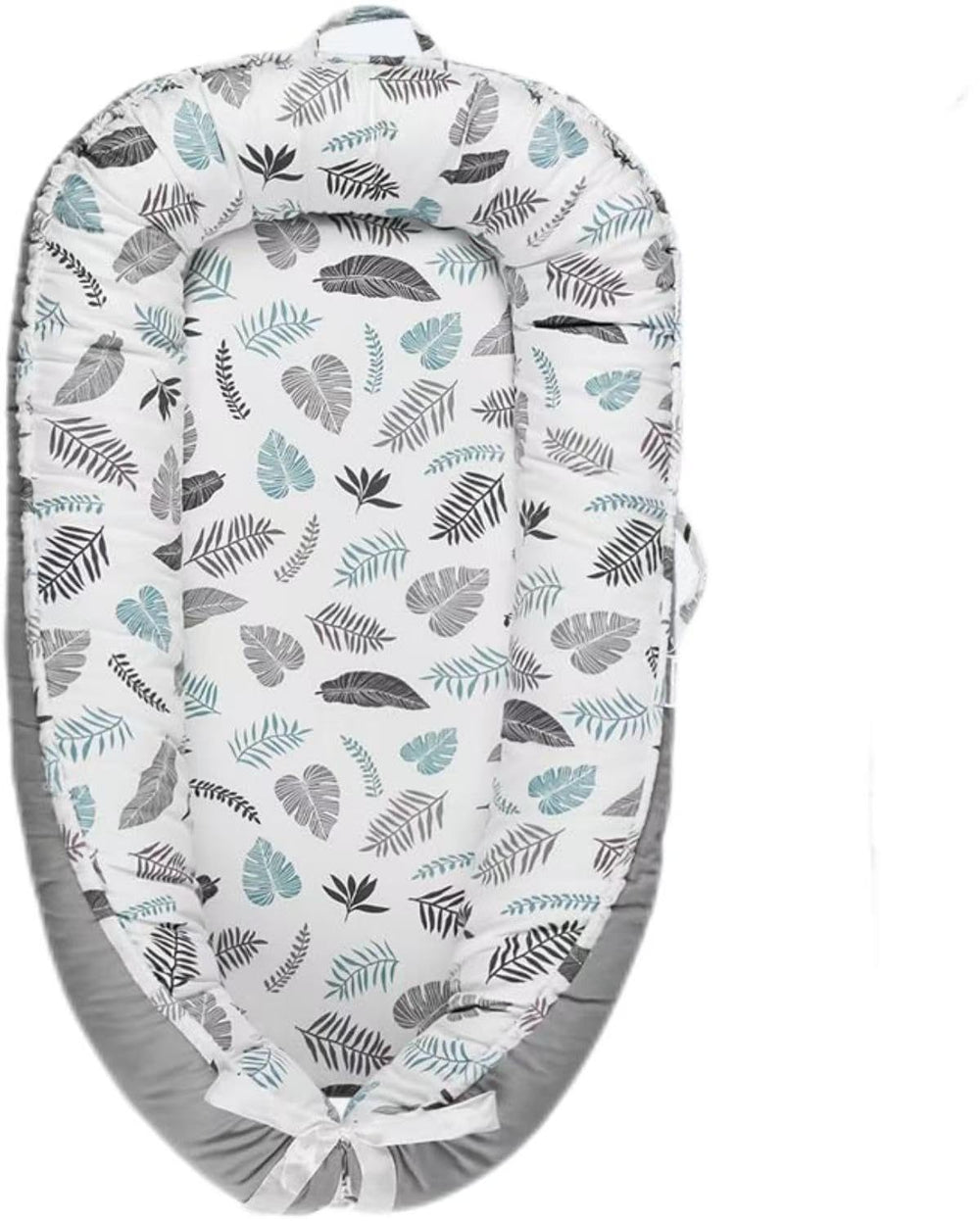 HOVIKOKI Baby Lounger in grey leaves cover shows breathable cotton for comfort.