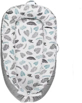 HOVIKOKI Baby Lounger in grey leaves cover shows breathable cotton for comfort.