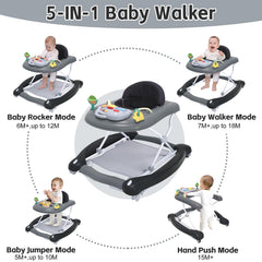 Howeemo baby walker in bouncer mode with toys for sensory engagement.