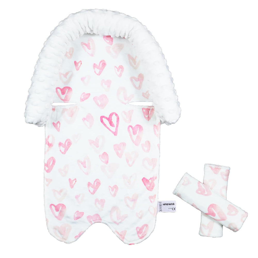 HPIENOYA baby head support in pink love provides gentle neck stability on rides.