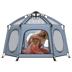 Hrebr Baby Playpen canopy setup for quick shade outdoors.