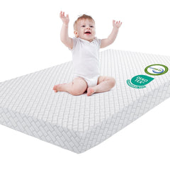 HREVAI pack n play mattress top view shows compact baby sleep surface