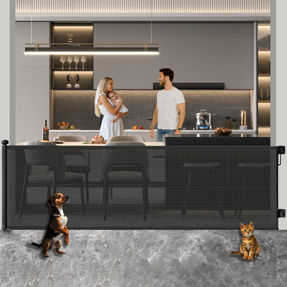 Huafly 71-inch retractable gate extended for wide doorways, safe play area.