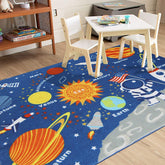 HUAHOO Kids Rug featuring galaxy and stars in blue for imaginative play