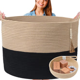 Huddle Supply Co XXXXL blanket basket in black and brown stores blankets neatly for tidy living space.