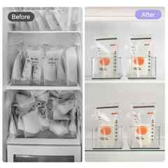 Hudgan four-piece storage container in fridge keeps milk bags tidy and accessible.