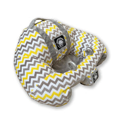 Hugaboo Original Infant Sitting Chair Yellow Chevron front view supports upright learning and family viewing