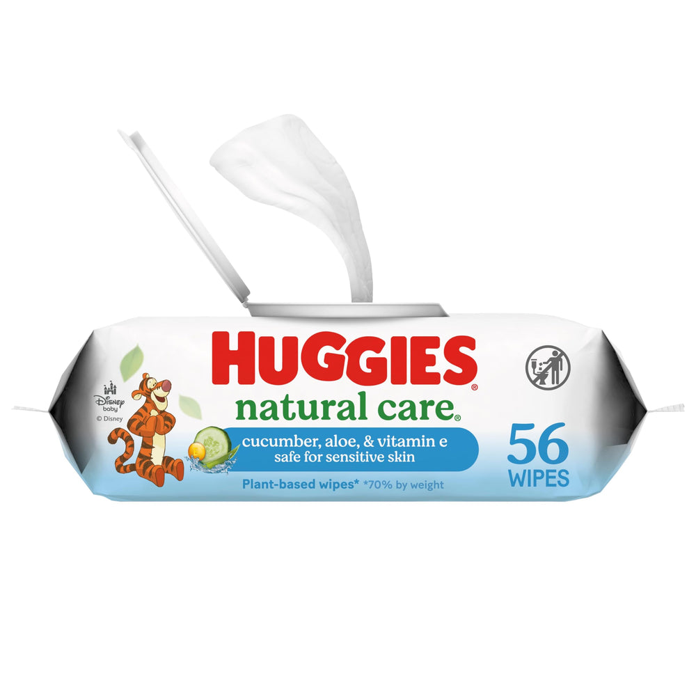Huggies Natural Care wipes pack front shows a 56-count box for gentle cleansing on the go.