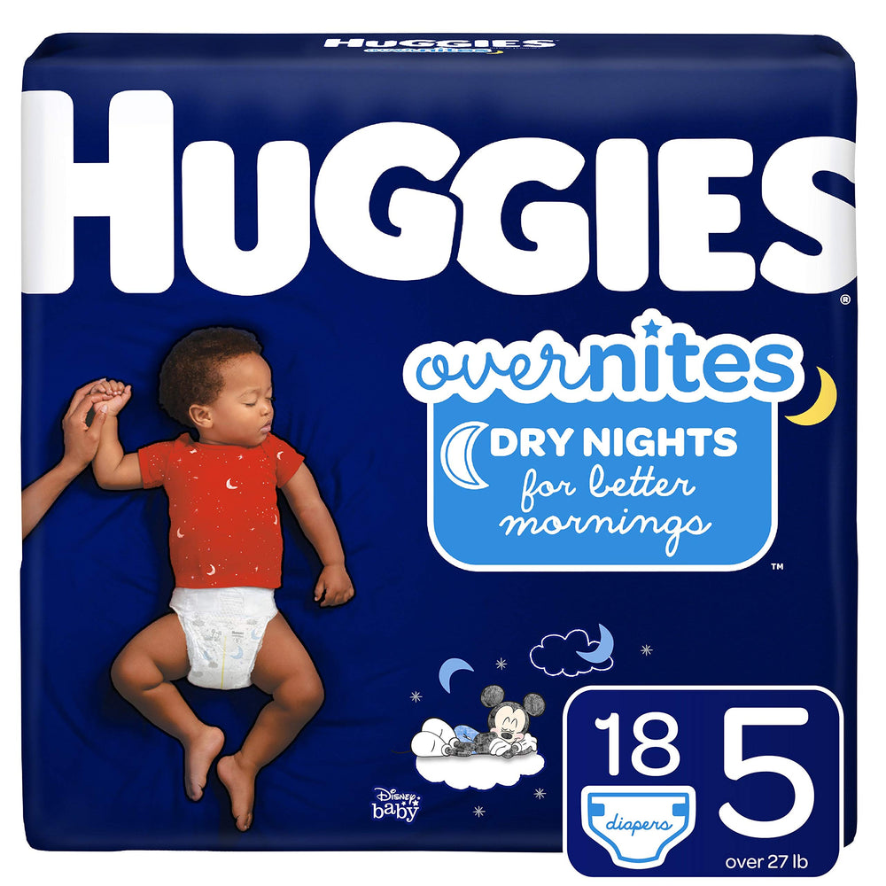 HUGGIES OverNites Size 5 front pack view for overnight protection.