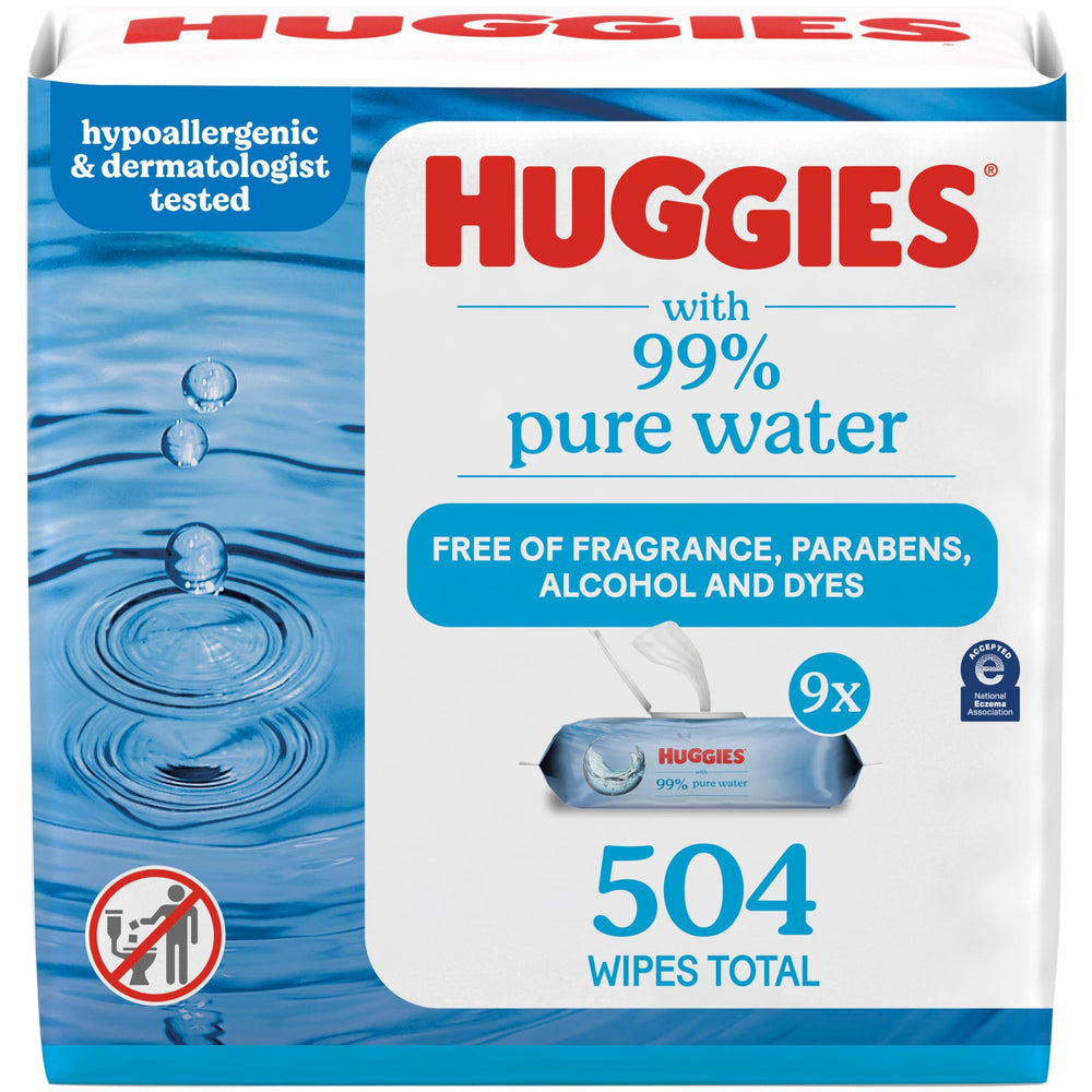 Huggies Pure Water Baby Wipes unscented packaging close-up for one-handed use
