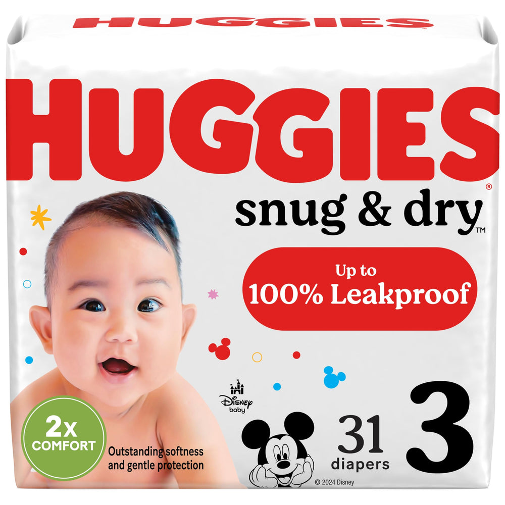 Huggies Snug & Dry size 3 pack shows leakproof protection for messier days.